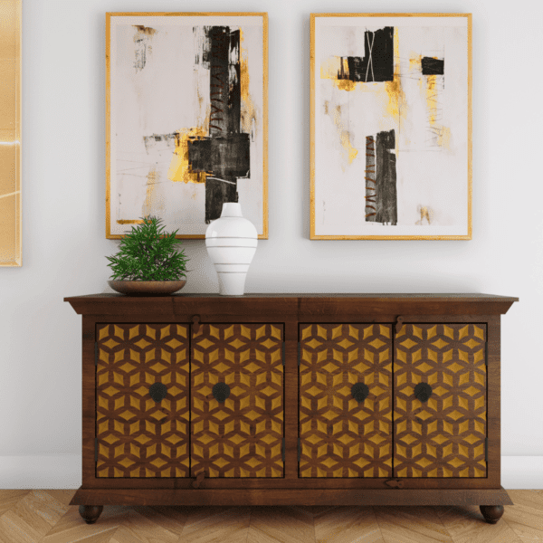 Vernado Rustic Green Flower 4 Door Wooden Sideboard in Dark Brown Finish