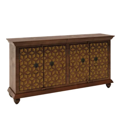 Vernado Rustic Green Flower 4 Door Wooden Sideboard in Dark Brown Finish