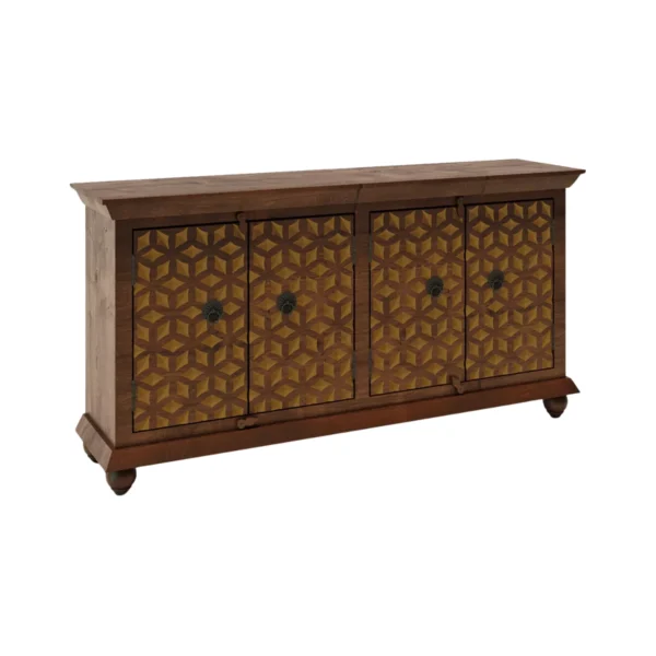 Vernado Rustic Green Flower 4 Door Wooden Sideboard in Dark Brown Finish