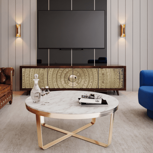 Olympia Brass Hand-Carved Solid Wood 4 Door Media Console