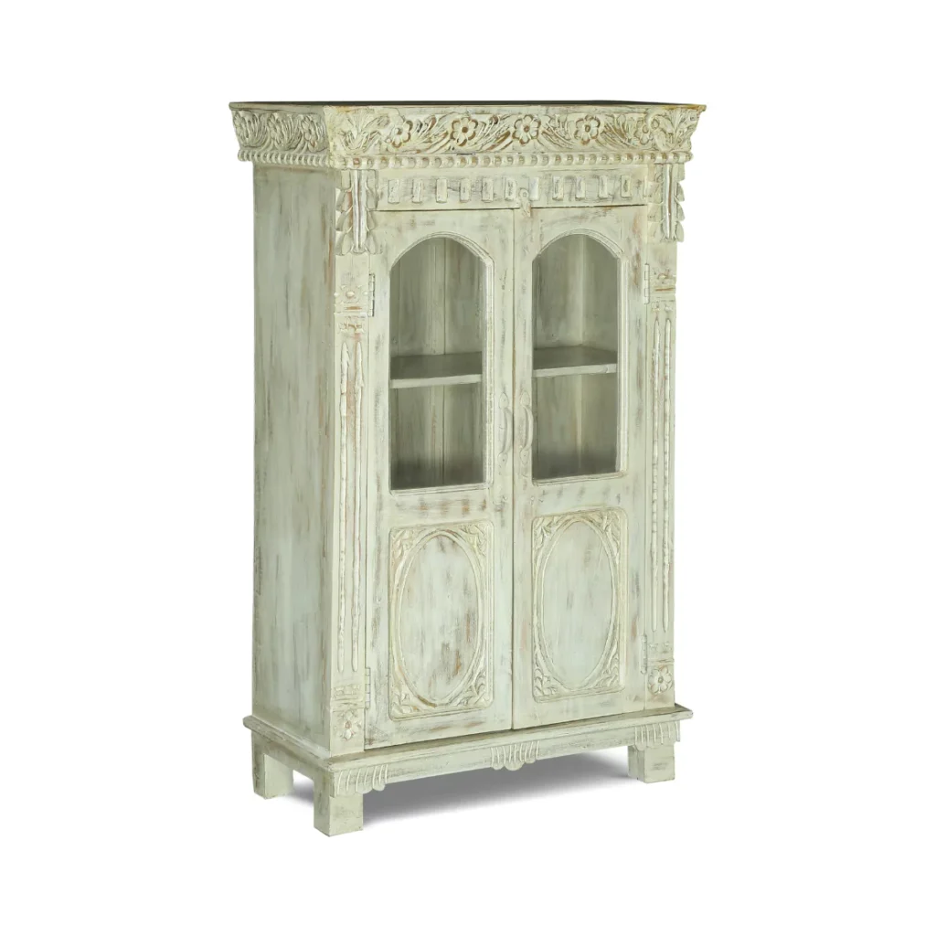 Savannah Rustic Distressed White Wooden Tall Storage Cabinet with Glass Doors