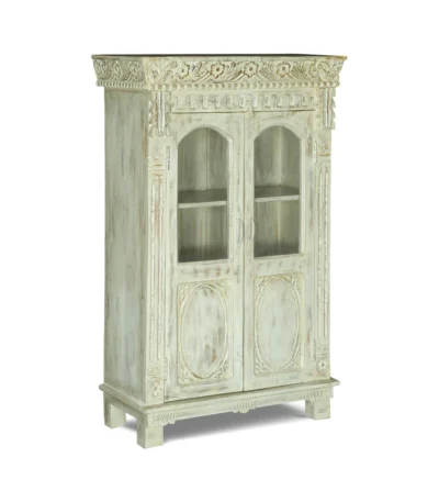 Savannah Rustic Distressed White Wooden Tall Storage Cabinet with Glass Doors