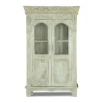 Savannah Rustic Distressed White Wooden Tall Storage Cabinet with Glass Doors