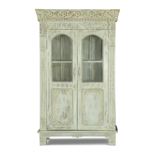 Savannah Rustic Distressed White Wooden Tall Storage Cabinet with Glass Doors