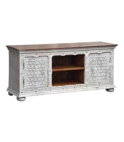 Alpena Rustic Ornate Carved Distressed Wooden TV Cabinet