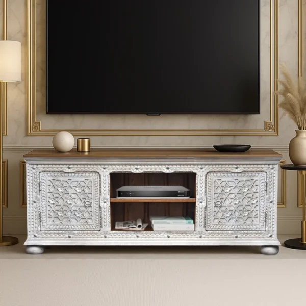 Alpena Rustic Ornate Carved Distressed Wooden TV Cabinet