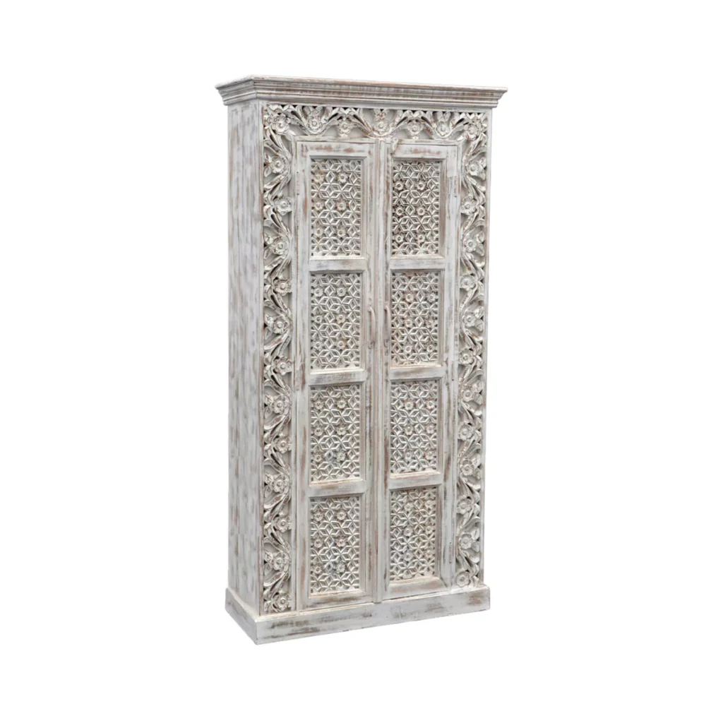 Asheville Rustic Distressed White Carved Wooden Tall Cabinet