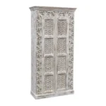Asheville Rustic Distressed White Carved Wooden Tall Cabinet