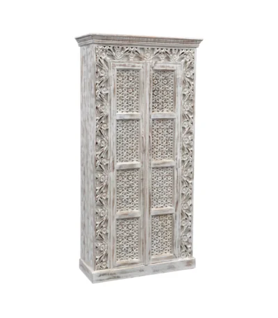 Asheville Rustic Distressed White Carved Wooden Tall Cabinet