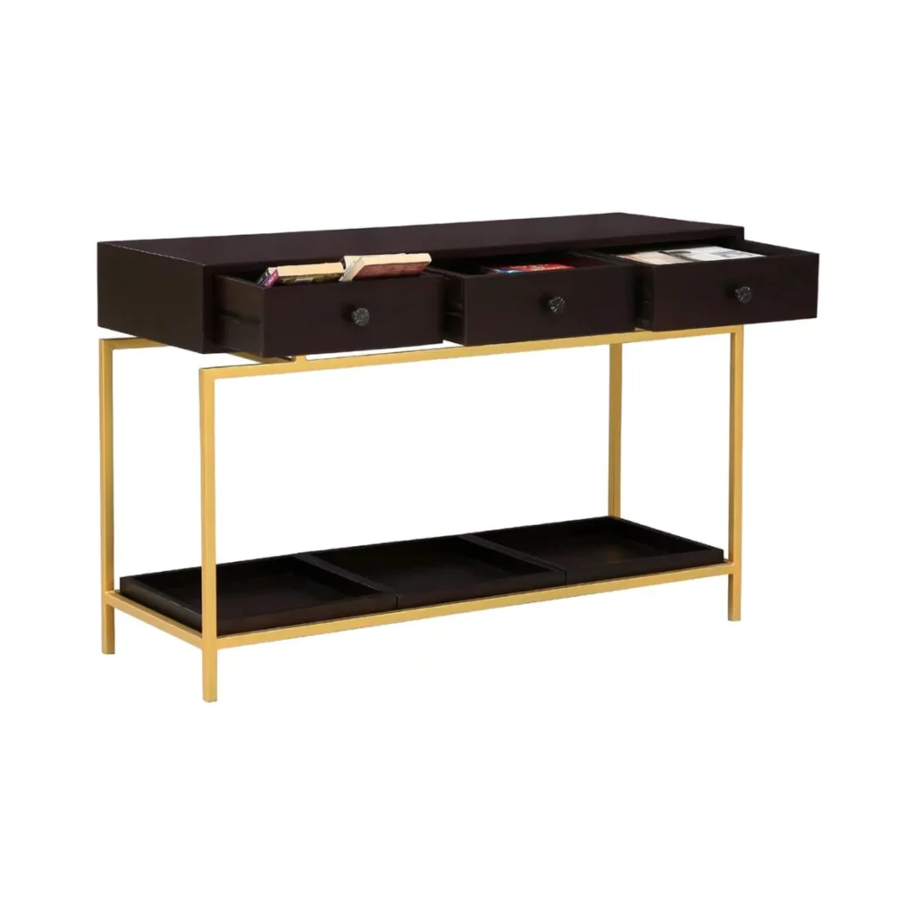Beverly Grove Modern Black and Gold Console Table with 3 Drawers