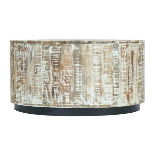 Cambria WHandcrafted round drum design Whitewashed rustic finish Solid mango wood constructionhitewashed Solid Wood Round Drum Coffee Table