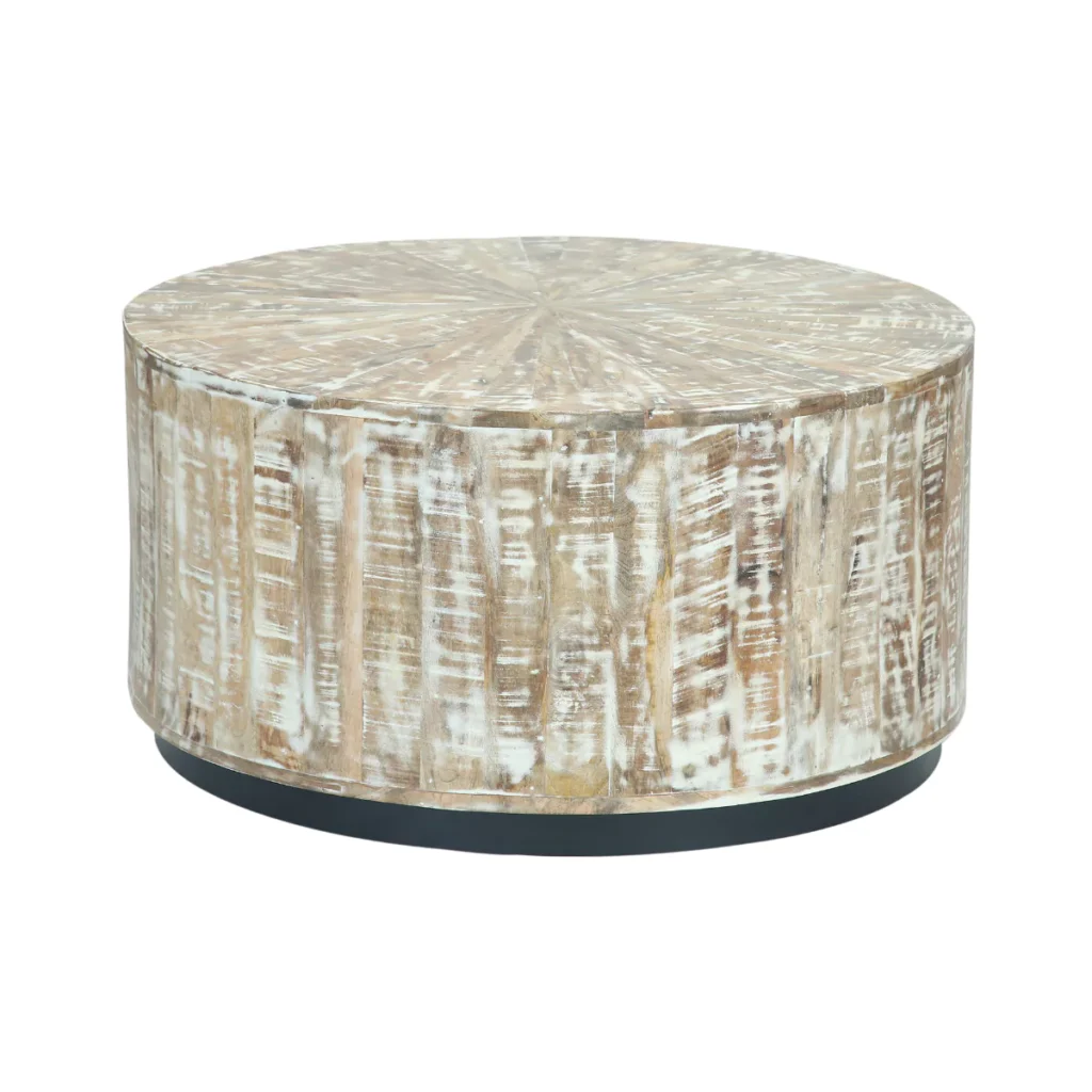 Cambria Whitewashed Solid Wood Round Drum Coffee Table