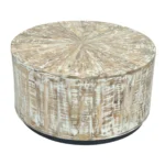 Cambria WHandcrafted round drum design Whitewashed rustic finish Solid mango wood constructionhitewashed Solid Wood Round Drum Coffee Table
