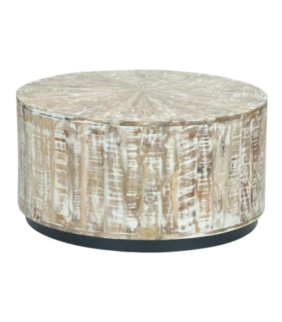 Cambria Whitewashed Solid Wood Round Drum Coffee Table