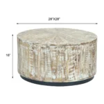 Cambria WHandcrafted round drum design Whitewashed rustic finish Solid mango wood constructionhitewashed Solid Wood Round Drum Coffee Table