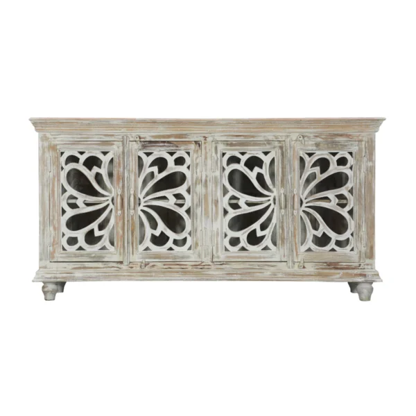 Hudson Rustic Solid Carved Wood Distressed White Sideboard Cabinet