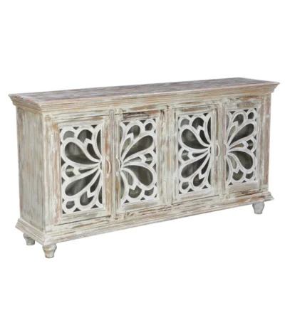 Hudson Rustic Solid Carved Wood Distressed White Sideboard Cabinet