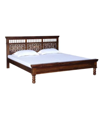 Milbridge Low Profile Traditional Carved Wooden Bed in Teak Finish