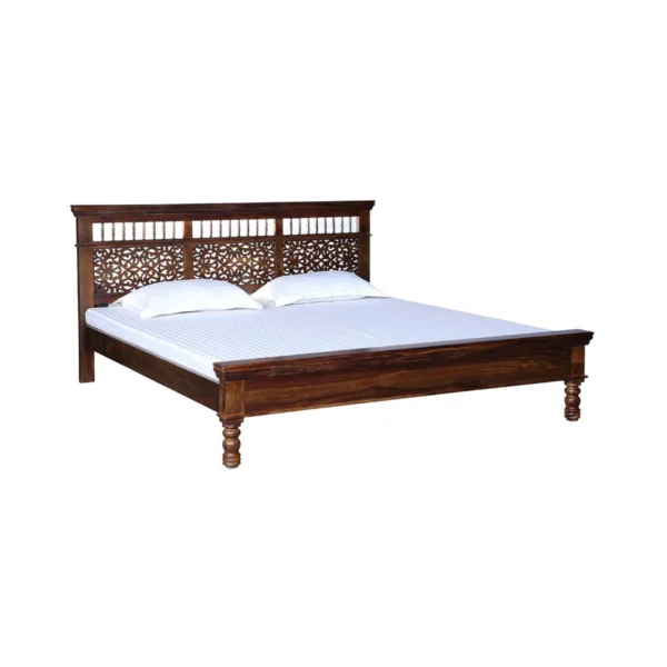 Milbridge Low Profile Traditional Carved Wooden Bed in Teak Finish