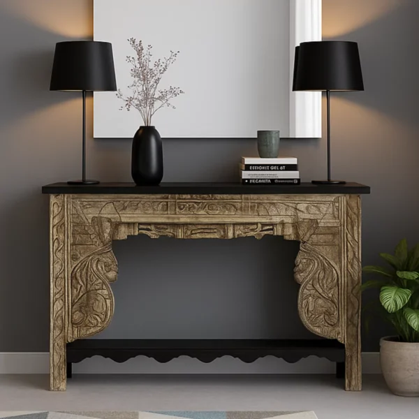 Montrose Rustic Solid Carved Wood Console Table with Shelf