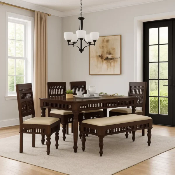 Noxen Traditional Solid Carved Wood Dining Set with Bench