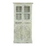 Savannah Rustic Distressed White Handcarved Glass Display Hutch Cabinet