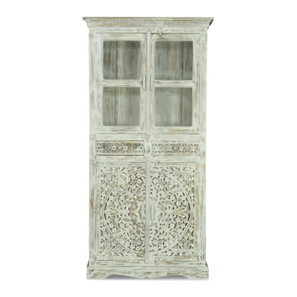 Savannah Rustic Distressed White Handcarved Glass Display Hutch Cabinet