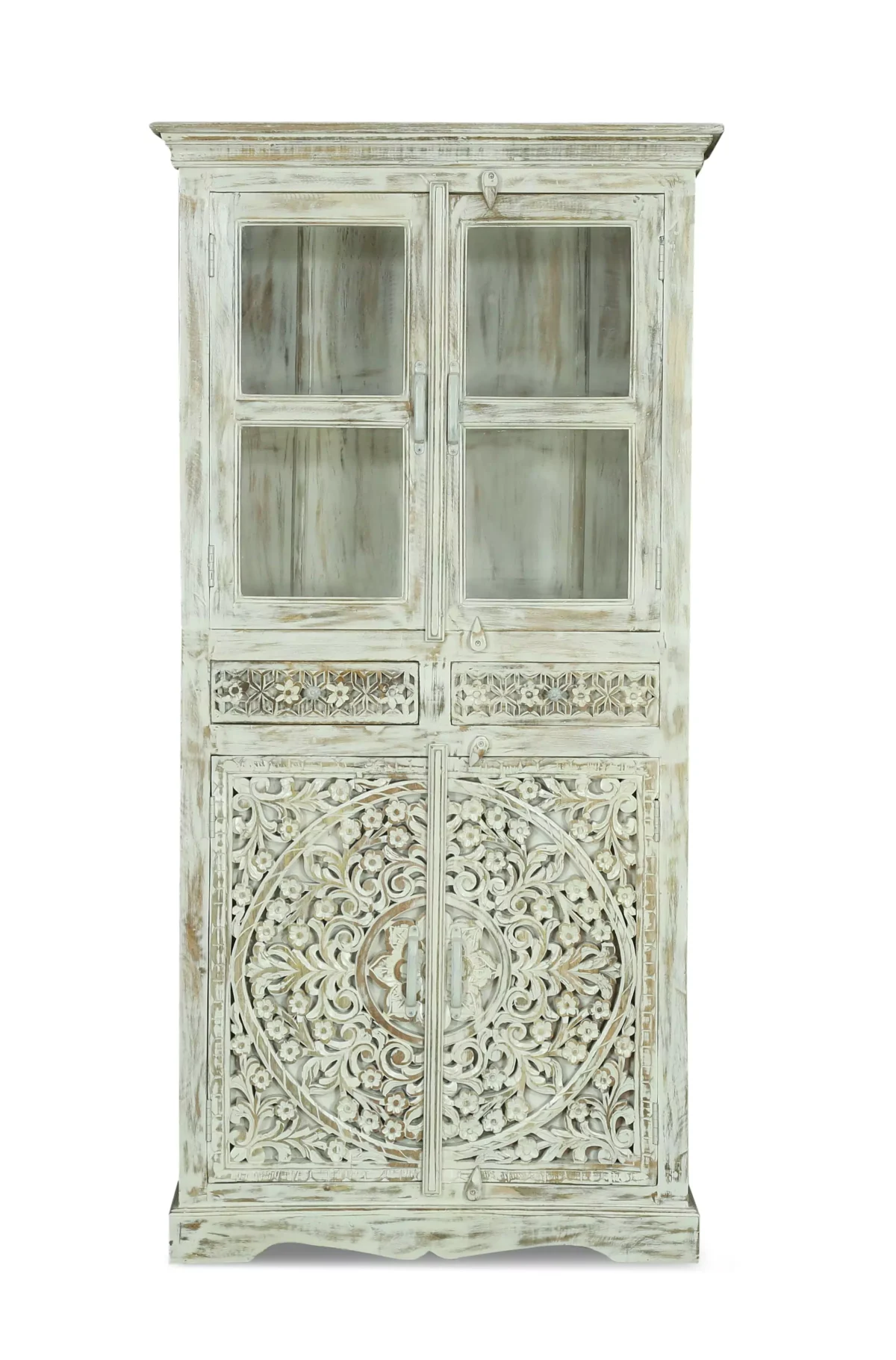 Savannah Rustic Distressed White Handcarved Glass Display Hutch Cabinet