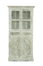Savannah Rustic Distressed White Handcarved Glass Display Hutch Cabinet