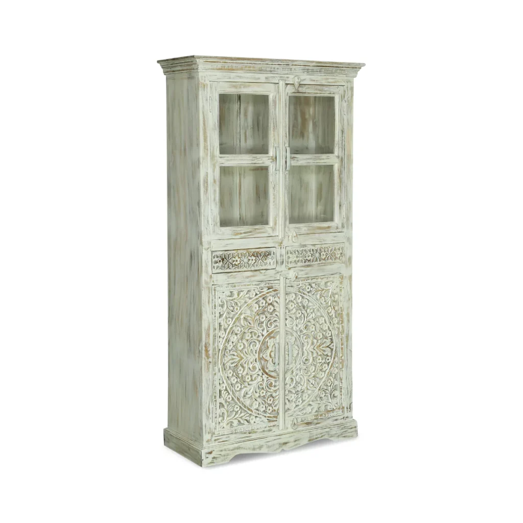 Savannah Rustic Distressed White Handcarved Glass Display Hutch Cabinet