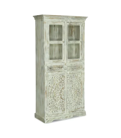 Savannah Rustic Distressed White Handcarved Glass Display Hutch Cabinet