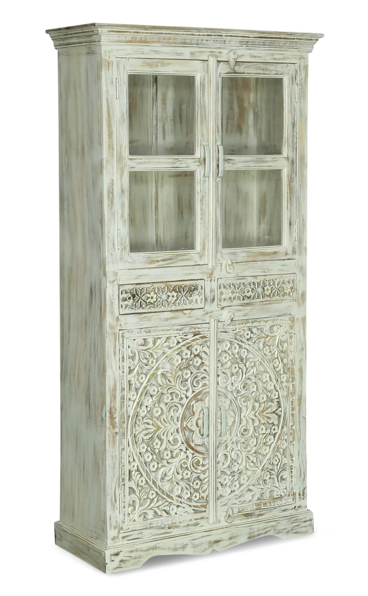 Savannah Rustic Distressed White Handcarved Glass Display Hutch Cabinet