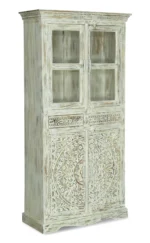 Savannah Rustic Distressed White Handcarved Glass Display Hutch Cabinet