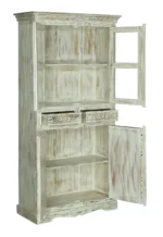 Savannah Rustic Distressed White Handcarved Glass Display Hutch Cabinet