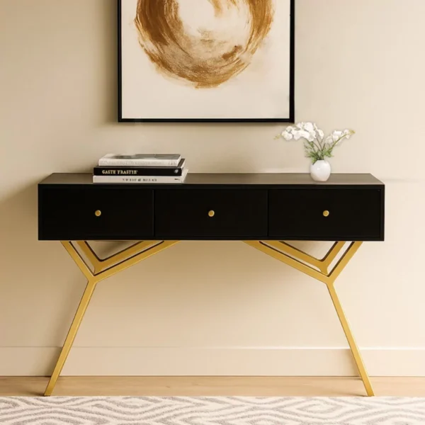 Scottsdale Geometric Leg Black and Gold Console Table with 3 drawers