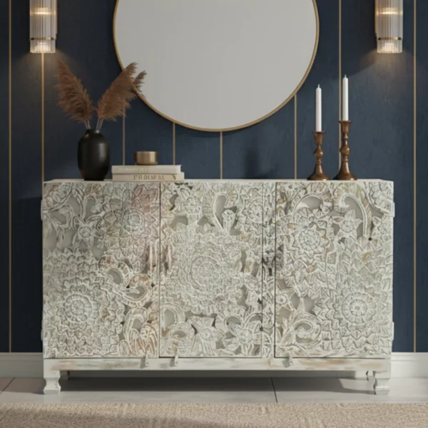 Scottsville Hand Carved Distressed White Wooden Sideboard Cabinet