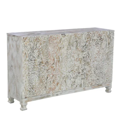 Scottsville Rustic Hand Carved Distressed White Wooden Sideboard Cabinet
