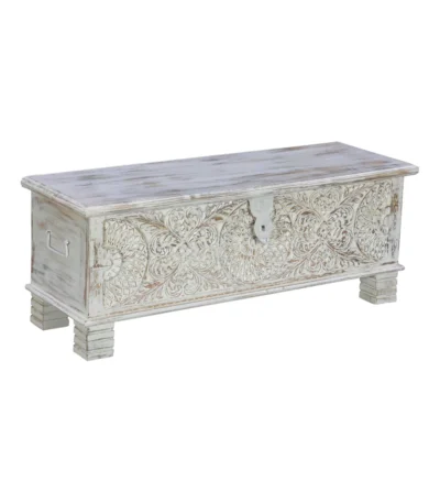 Seabrook Rustic Hand Carved Distressed White Large Wooden Trunk