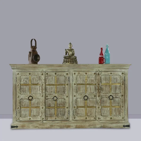 Taos Rustic Distressed Large Carved Wooden Sideboard Cabinet
