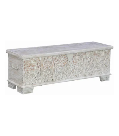 Tivoli Rustic Distressed White Carved Wooden Trunk Storage Box