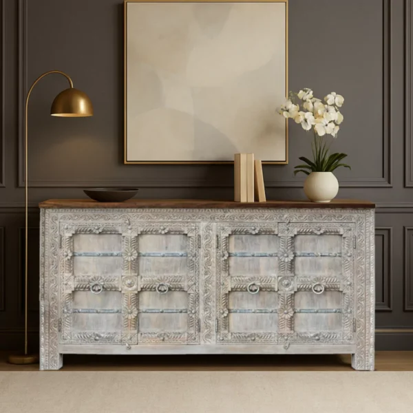 Wenona Hand-Carved Vintage Distressed Solid Wood Sideboard