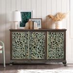 Willowgrove Rustic Handcrafted Floral Carved Solid Wood Sideboard Cabinet