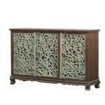 Willowgrove Rustic Handcrafted Floral Carved Solid Wood Sideboard Cabinet