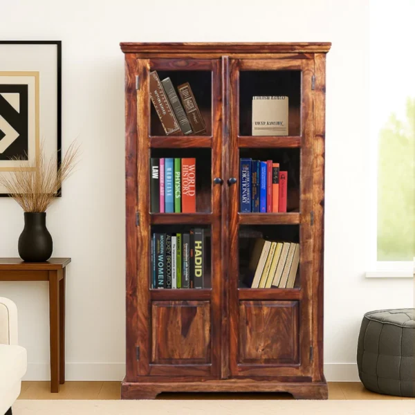 Wimberly Modern Teak Finish Wooden Tall Display Cabinet with Glass Doors