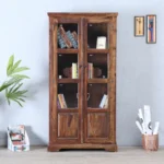 Wimberly Rustic Teak Finish Wooden Tall Display Cabinet with Glass Doors