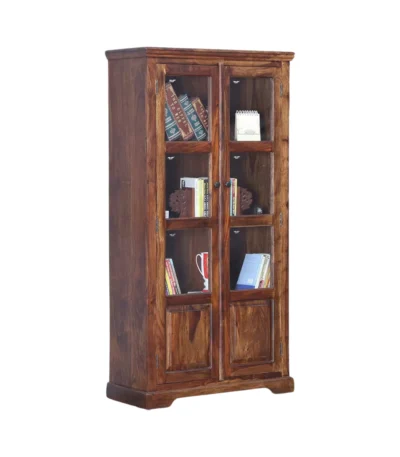 Wimberly Rustic Teak Finish Wooden Tall Display Cabinet with Glass Doors