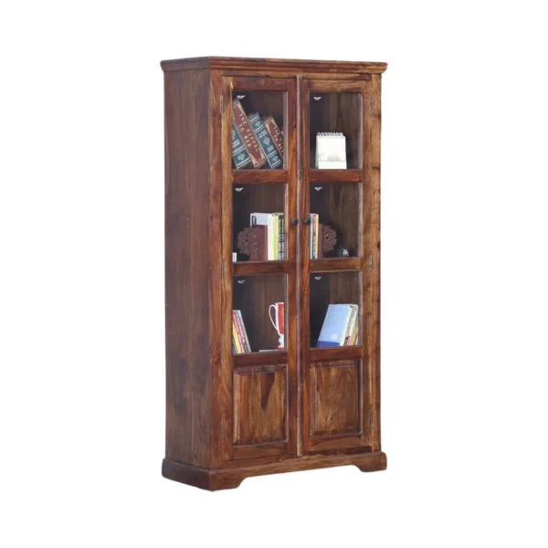 Wimberly Rustic Teak Finish Wooden Tall Display Cabinet with Glass Doors