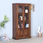 Wimberly Rustic Teak Finish Wooden Tall Display Cabinet with Glass Doors