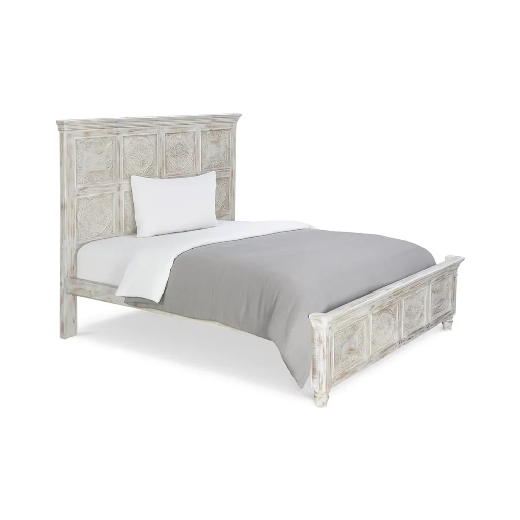 Caldera Rustic Distressed White Hand-Carved Wooden Bed