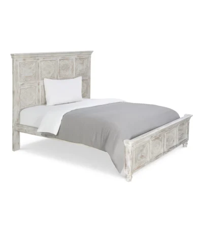 Caldera Rustic Distressed White Hand-Carved Wooden Bed